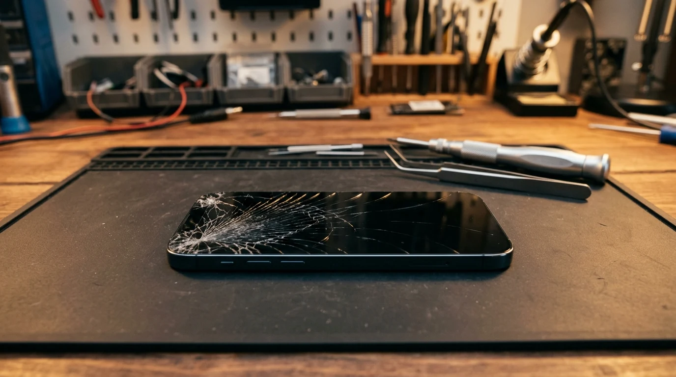 A modern smartphone with a cracked glass screen resting on an electronics repair bench beside precision tools