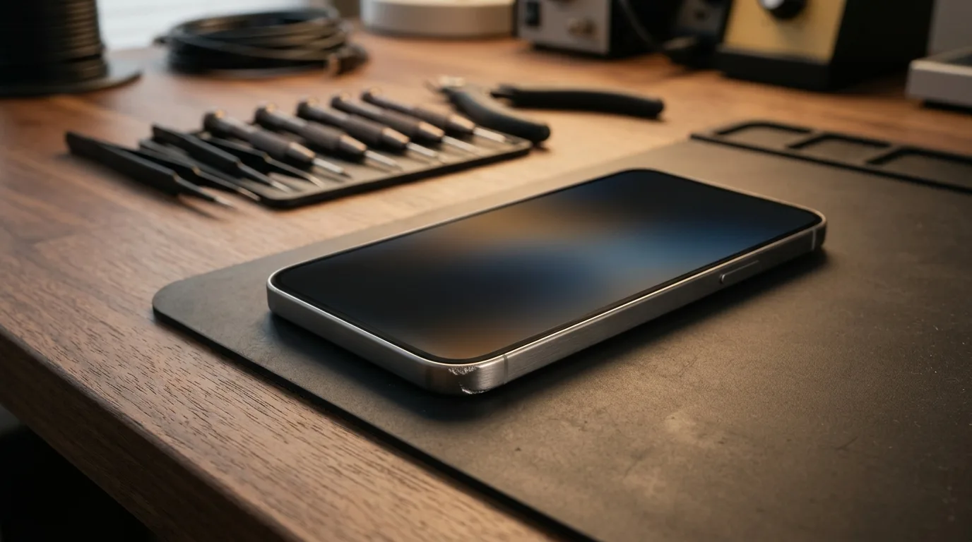 A sleek modern smartphone resting on an anti-static electronics repair workbench after an accidental drop
