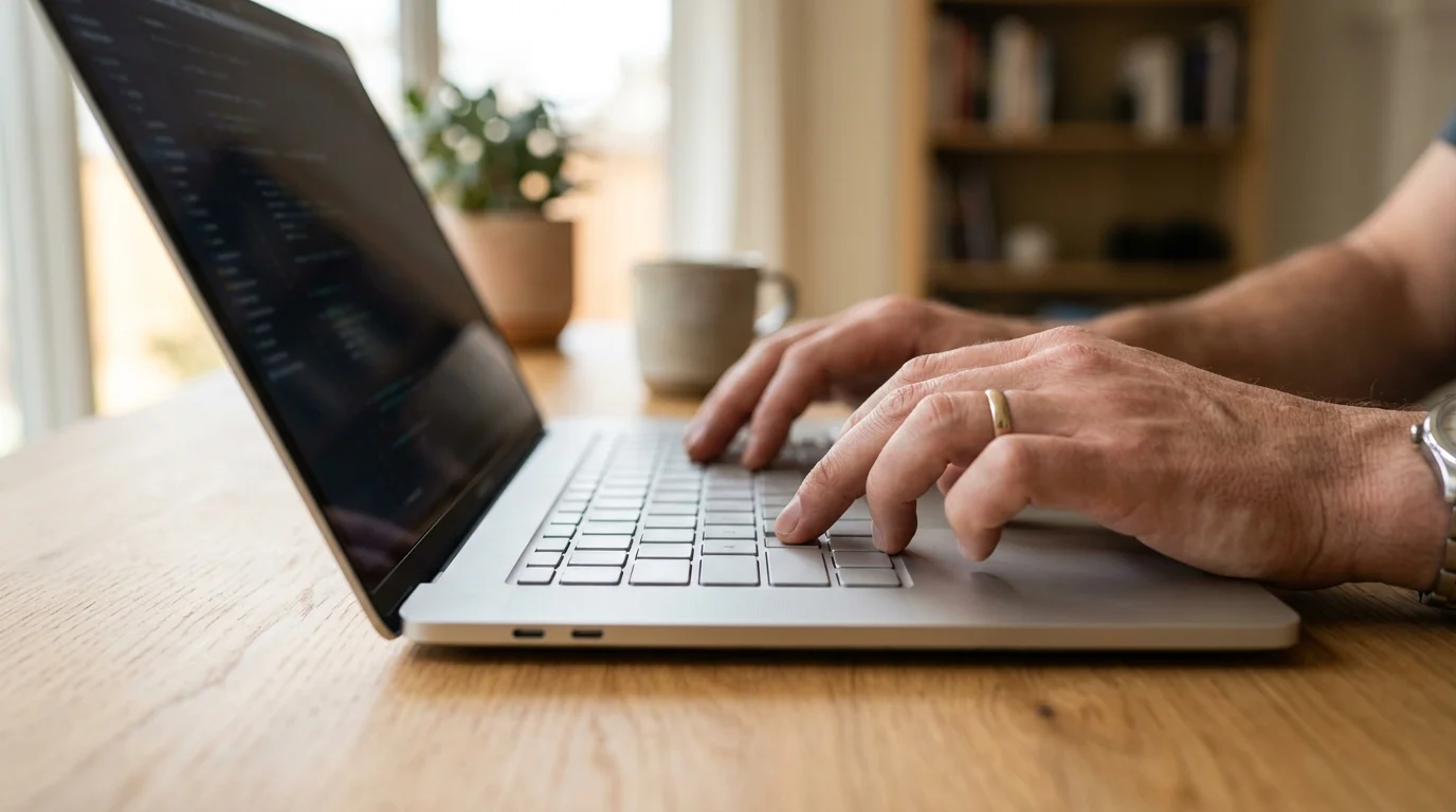 An adult testing keys on a modern thin laptop keyboard from an angled perspective with keycap labels obscured