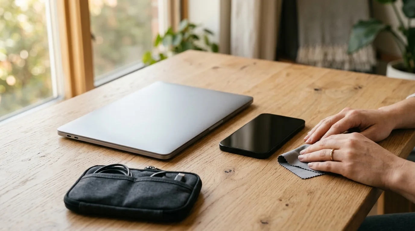 A modern smartphone resting on a wooden desk beside a laptop and an accessory kit being prepared for repair