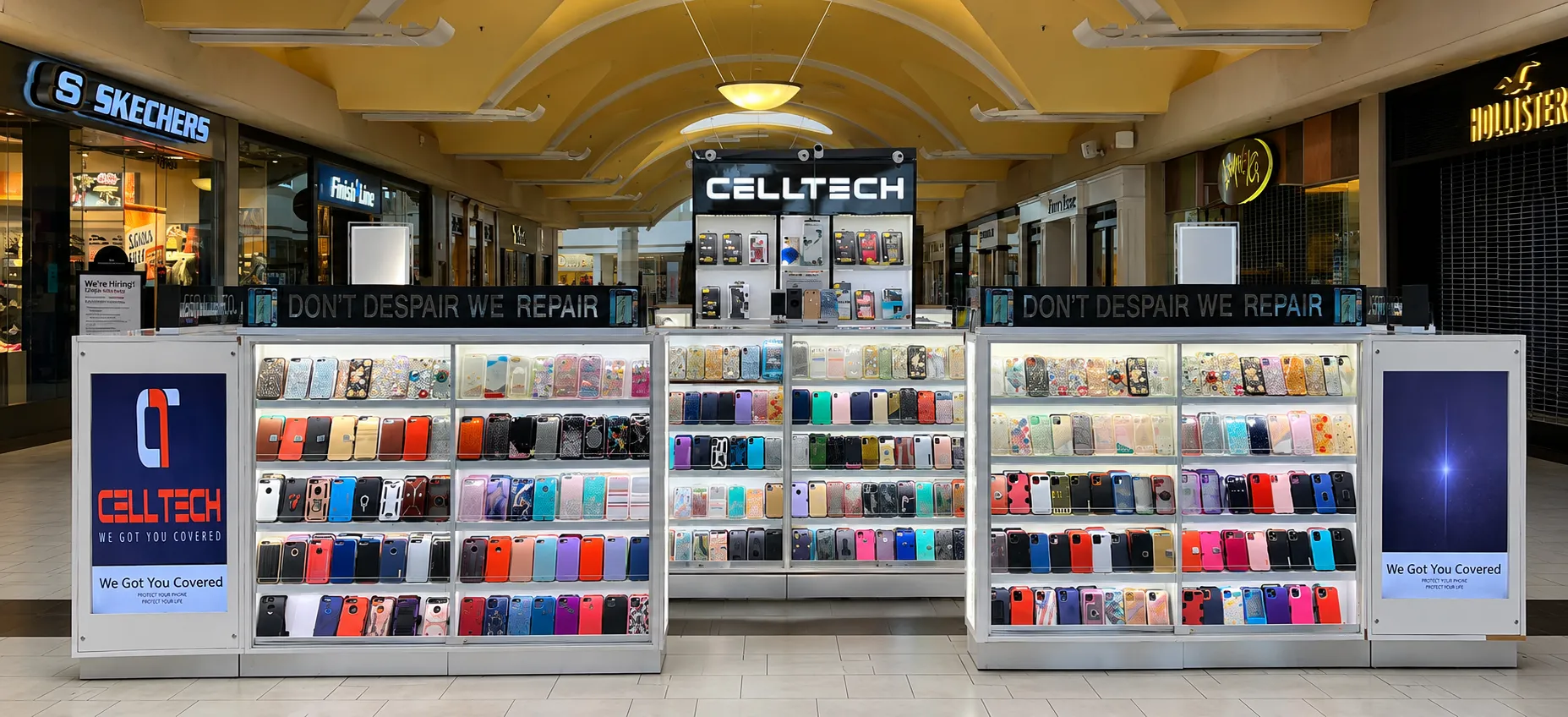 The CELLTECH kiosk on level 2 of Cielo Vista Mall in El Paso, its cabinets filled with phone cases beside Hollister