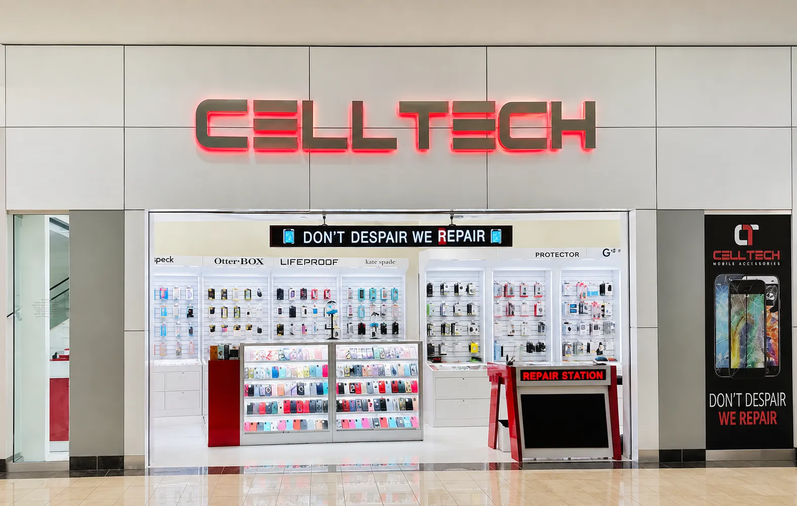 The CELLTECH store at Stonebriar Centre in Frisco, its lit red sign above a repair station and walls of phone cases