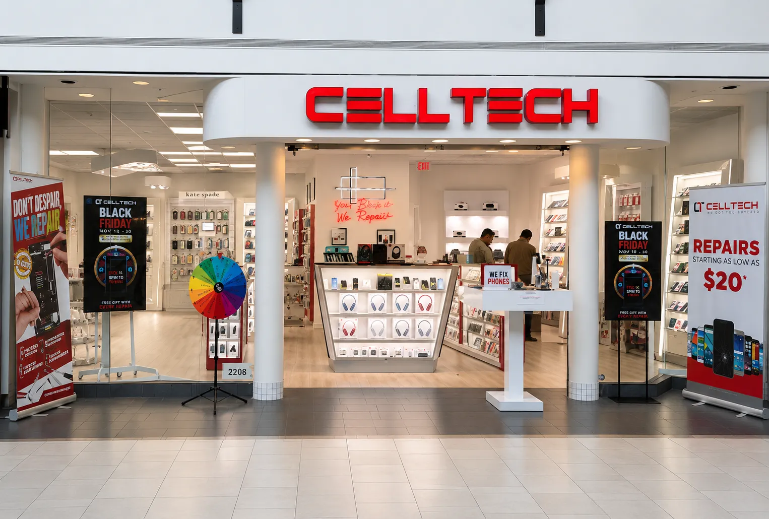 The CELLTECH storefront at unit 2208 in Town East Mall, Mesquite, its red sign over an open shopfront of accessory displays