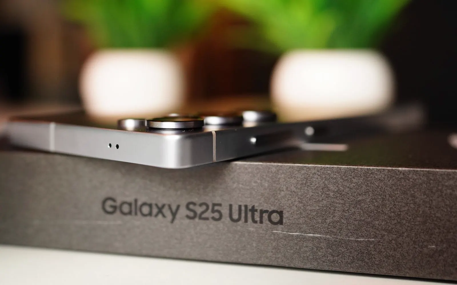 A Galaxy S25 Ultra resting on its box beside a potted plant